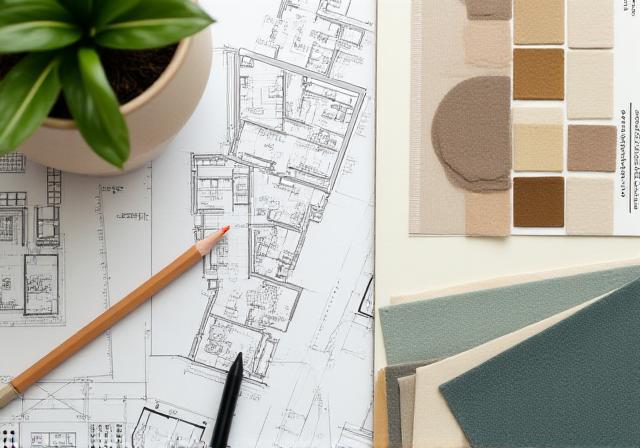 Architectural drawings and material swatches on a wood table