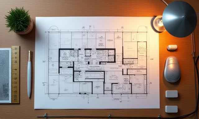 Architectural blueprint with structural analysis overlays